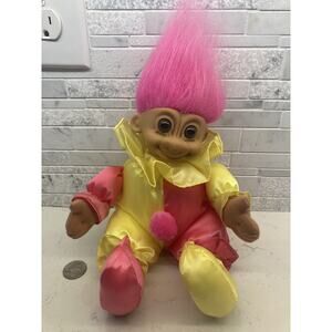 Vintage Russ Berrie Troll Doll Pink Hair, Satin Clown Jester Costume 10"